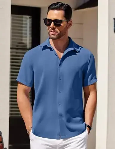 COOFANDY Mens Short Sleeve Button Down Shirts Waffle Shirt Casual Beach Summer Shirts Wrinkle Free Vacation Shirts - 2