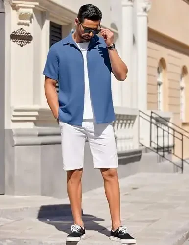 COOFANDY Mens Short Sleeve Button Down Shirts Waffle Shirt Casual Beach Summer Shirts Wrinkle Free Vacation Shirts - 3