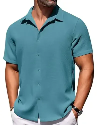 COOFANDY Mens Short Sleeve Button Down Shirts Waffle Shirt Casual Beach Summer Shirts Wrinkle Free Vacation Shirts 