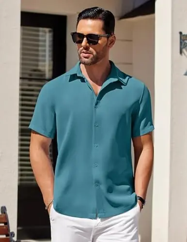 COOFANDY Mens Short Sleeve Button Down Shirts Waffle Shirt Casual Beach Summer Shirts Wrinkle Free Vacation Shirts - COOFANDY (1)