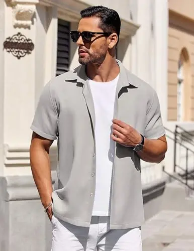 COOFANDY Mens Short Sleeve Button Down Shirts Waffle Shirt Casual Beach Summer Shirts Wrinkle Free Vacation Shirts - 3