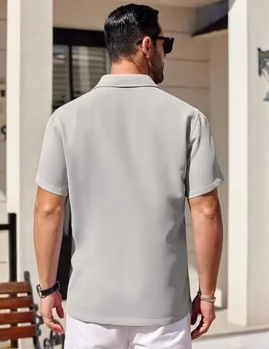 COOFANDY Mens Short Sleeve Button Down Shirts Waffle Shirt Casual Beach Summer Shirts Wrinkle Free Vacation Shirts - 4