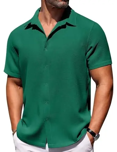 COOFANDY Mens Short Sleeve Button Down Shirts Waffle Shirt Casual Beach Summer Shirts Wrinkle Free Vacation Shirts - 1