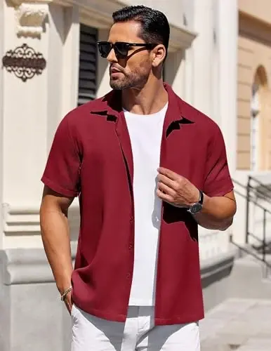 COOFANDY Mens Short Sleeve Button Down Shirts Waffle Shirt Casual Beach Summer Shirts Wrinkle Free Vacation Shirts - 3