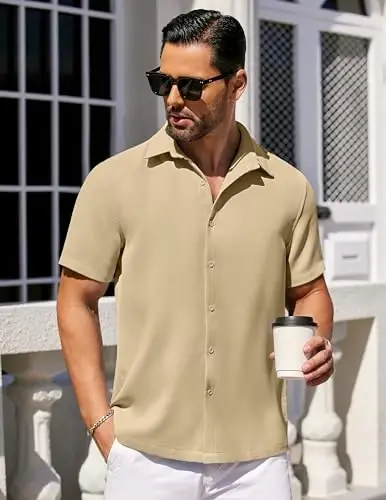 COOFANDY Mens Short Sleeve Button Down Shirts Waffle Shirt Casual Beach Summer Shirts Wrinkle Free Vacation Shirts - 2