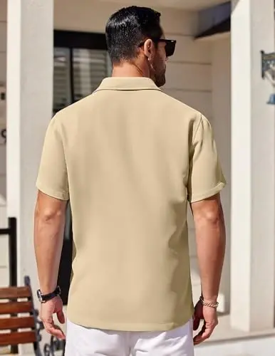 COOFANDY Mens Short Sleeve Button Down Shirts Waffle Shirt Casual Beach Summer Shirts Wrinkle Free Vacation Shirts - 4