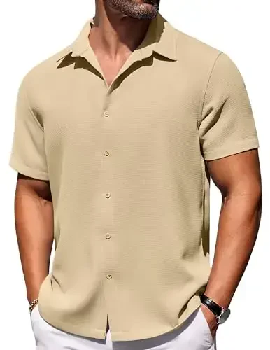 COOFANDY Mens Short Sleeve Button Down Shirts Waffle Shirt Casual Beach Summer Shirts Wrinkle Free Vacation Shirts 