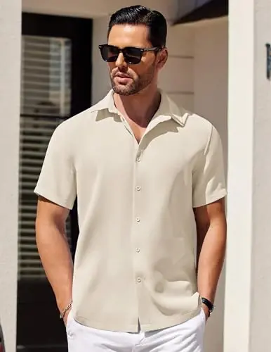 COOFANDY Mens Short Sleeve Button Down Shirts Waffle Shirt Casual Beach Summer Shirts Wrinkle Free Vacation Shirts - 2