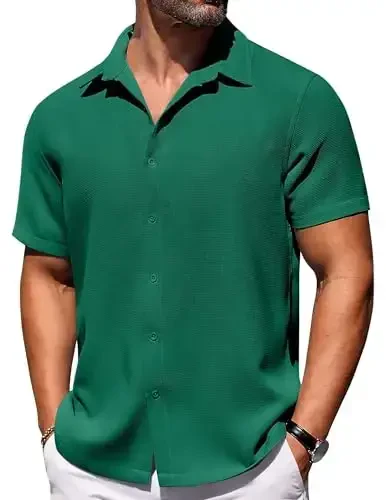 COOFANDY Mens Short Sleeve Button Down Shirts Waffle Shirt Casual Beach Summer Shirts Wrinkle Free Vacation Shirts - 1