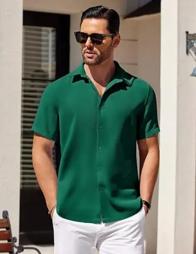 COOFANDY Mens Short Sleeve Button Down Shirts Waffle Shirt Casual Beach Summer Shirts Wrinkle Free Vacation Shirts - 2