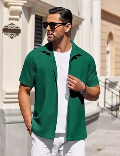 COOFANDY Mens Short Sleeve Button Down Shirts Waffle Shirt Casual Beach Summer Shirts Wrinkle Free Vacation Shirts - 3