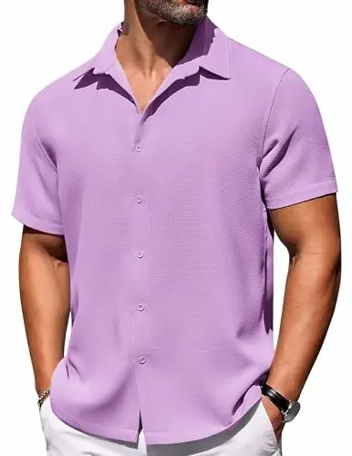 COOFANDY Mens Short Sleeve Button Down Shirts Waffle Shirt Casual Beach Summer Shirts Wrinkle Free Vacation Shirts - 1