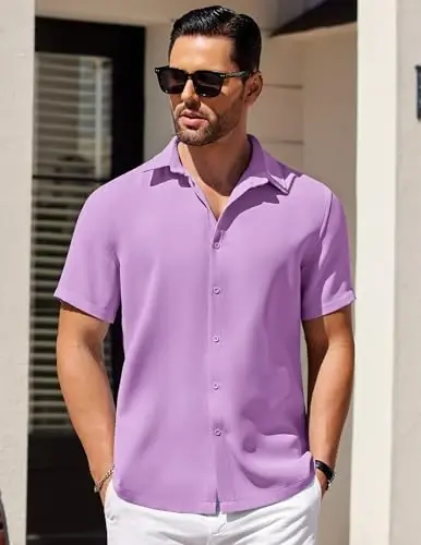 COOFANDY Mens Short Sleeve Button Down Shirts Waffle Shirt Casual Beach Summer Shirts Wrinkle Free Vacation Shirts - 2