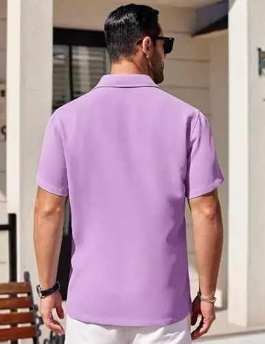 COOFANDY Mens Short Sleeve Button Down Shirts Waffle Shirt Casual Beach Summer Shirts Wrinkle Free Vacation Shirts - 4