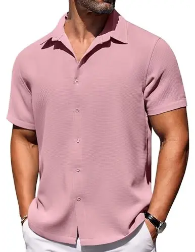 COOFANDY Mens Short Sleeve Button Down Shirts Waffle Shirt Casual Beach Summer Shirts Wrinkle Free Vacation Shirts - 1