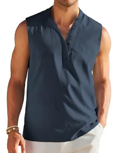 COOFANDY Sleeveless Beach Shirts for Men Summer Tank Shirts Casual Henley Tank Top - 1
