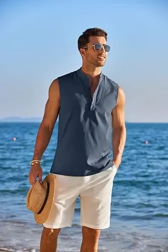 COOFANDY Sleeveless Beach Shirts for Men Summer Tank Shirts Casual Henley Tank Top - 4