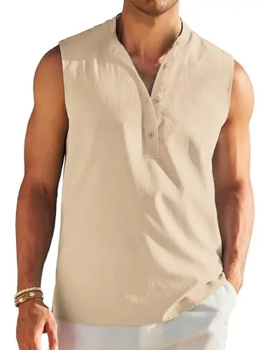 COOFANDY Sleeveless Beach Shirts for Men Summer Tank Shirts Casual Henley Tank Top 