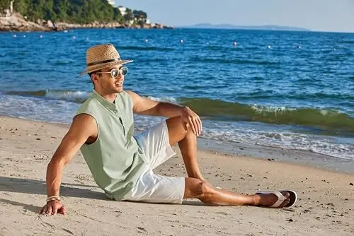 COOFANDY Sleeveless Beach Shirts for Men Summer Tank Shirts Casual Henley Tank Top - 5