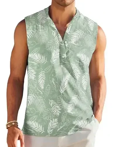 COOFANDY Sleeveless Beach Shirts for Men Summer Tank Shirts Casual Henley Tank Top - 1