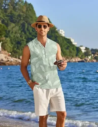 COOFANDY Sleeveless Beach Shirts for Men Summer Tank Shirts Casual Henley Tank Top - MODAZONE (1)