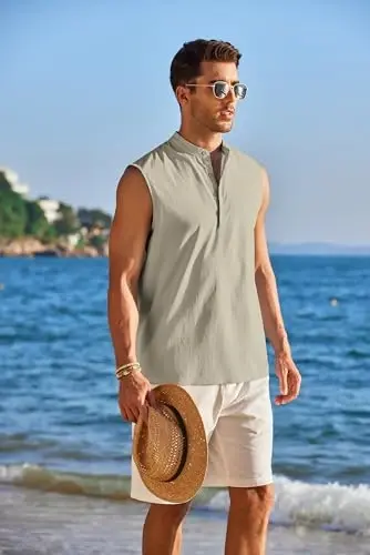 COOFANDY Sleeveless Beach Shirts for Men Summer Tank Shirts Casual Henley Tank Top - MODAZONE