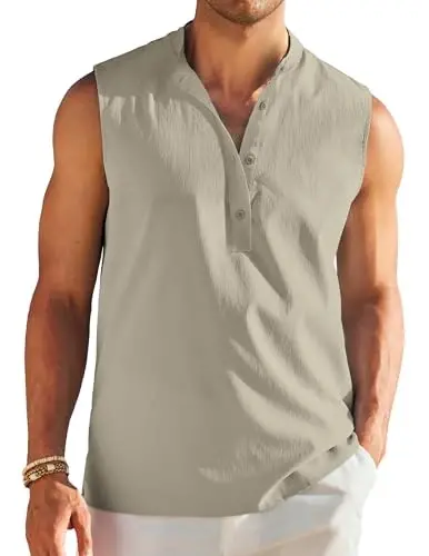 COOFANDY Sleeveless Beach Shirts for Men Summer Tank Shirts Casual Henley Tank Top - 6