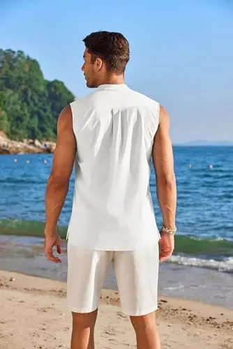COOFANDY Sleeveless Beach Shirts for Men Summer Tank Shirts Casual Henley Tank Top - 4