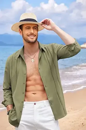 COOFANDY Mens Cuban Guayabera Shirt Casual Button Down Shirts Long Sleeve Summer Beach Shirts - 2