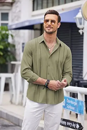 COOFANDY Mens Cuban Guayabera Shirt Casual Button Down Shirts Long Sleeve Summer Beach Shirts - 3