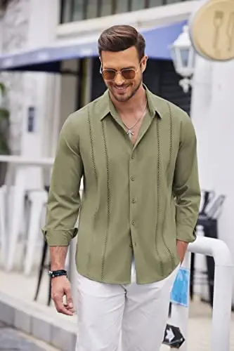 COOFANDY Mens Cuban Guayabera Shirt Casual Button Down Shirts Long Sleeve Summer Beach Shirts - 4