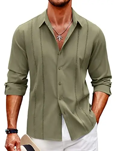 COOFANDY Mens Cuban Guayabera Shirt Casual Button Down Shirts Long Sleeve Summer Beach Shirts 