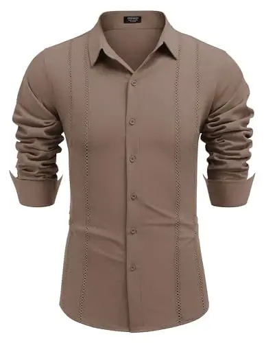 COOFANDY Mens Cuban Guayabera Shirt Casual Button Down Shirts Long Sleeve Summer Beach Shirts - 4