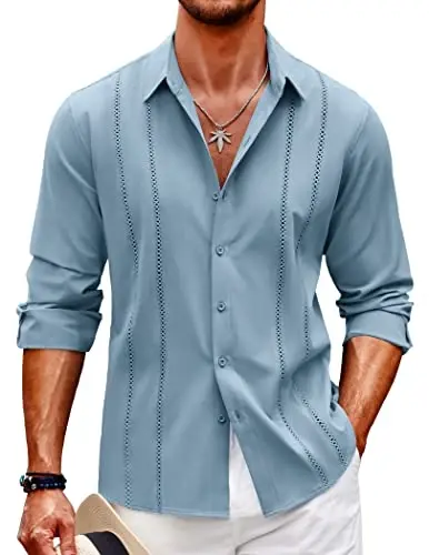 COOFANDY Mens Cuban Guayabera Shirt Casual Button Down Shirts Long Sleeve Summer Beach Shirts - 1