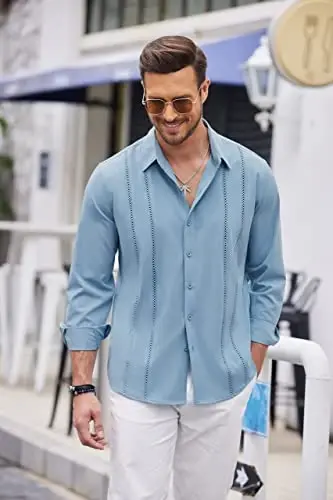 COOFANDY Mens Cuban Guayabera Shirt Casual Button Down Shirts Long Sleeve Summer Beach Shirts - 4