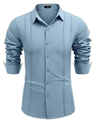 COOFANDY Mens Cuban Guayabera Shirt Casual Button Down Shirts Long Sleeve Summer Beach Shirts - 5