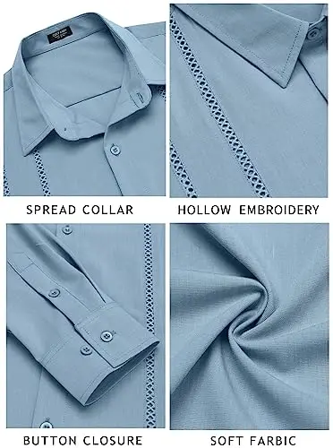 COOFANDY Mens Cuban Guayabera Shirt Casual Button Down Shirts Long Sleeve Summer Beach Shirts - 6