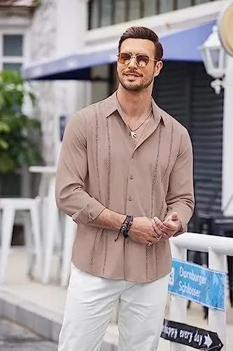 COOFANDY Mens Cuban Guayabera Shirt Casual Button Down Shirts Long Sleeve Summer Beach Shirts - COOFANDY (1)