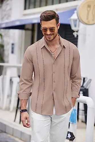 COOFANDY Mens Cuban Guayabera Shirt Casual Button Down Shirts Long Sleeve Summer Beach Shirts - 3