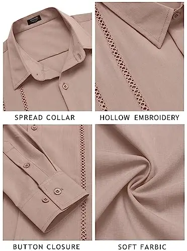 COOFANDY Mens Cuban Guayabera Shirt Casual Button Down Shirts Long Sleeve Summer Beach Shirts - 4