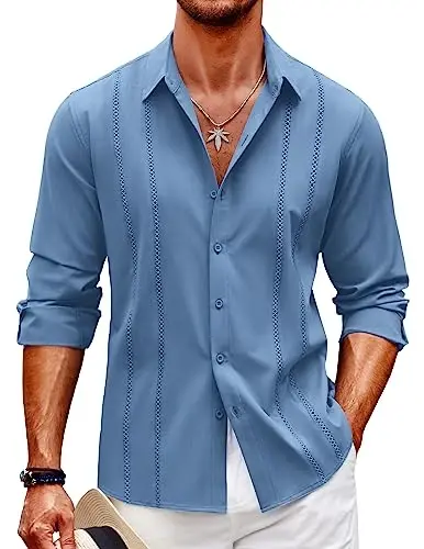 COOFANDY Mens Cuban Guayabera Shirt Casual Button Down Shirts Long Sleeve Summer Beach Shirts - COOFANDY