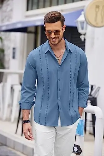 COOFANDY Mens Cuban Guayabera Shirt Casual Button Down Shirts Long Sleeve Summer Beach Shirts - 3