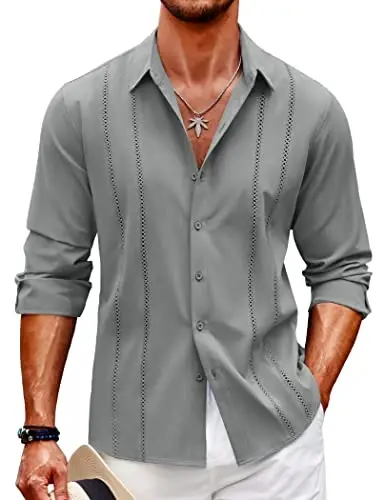 COOFANDY Mens Cuban Guayabera Shirt Casual Button Down Shirts Long Sleeve Summer Beach Shirts - 1