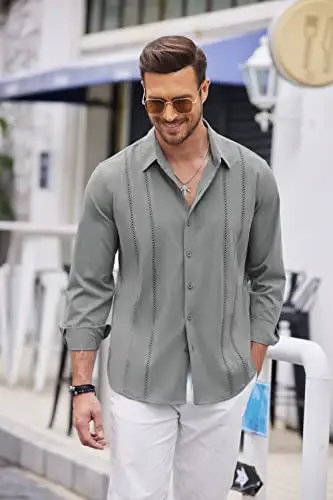 COOFANDY Mens Cuban Guayabera Shirt Casual Button Down Shirts Long Sleeve Summer Beach Shirts - 4