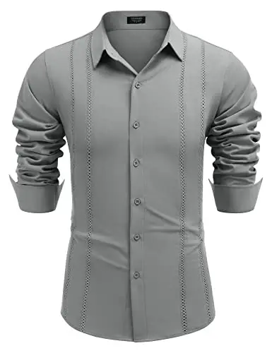 COOFANDY Mens Cuban Guayabera Shirt Casual Button Down Shirts Long Sleeve Summer Beach Shirts - 5