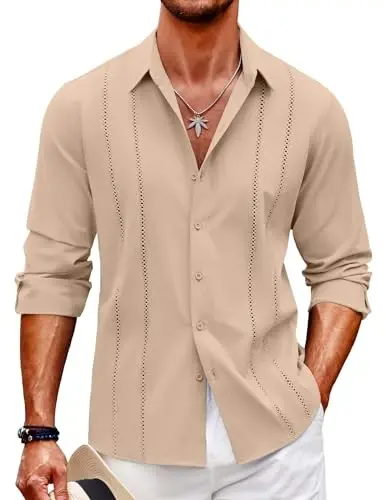COOFANDY Mens Cuban Guayabera Shirt Casual Button Down Shirts Long Sleeve Summer Beach Shirts 