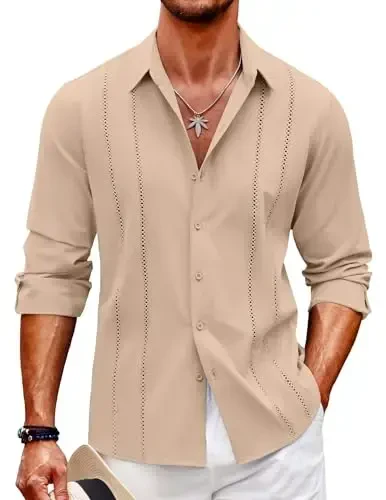 COOFANDY Mens Cuban Guayabera Shirt Casual Button Down Shirts Long Sleeve Summer Beach Shirts - 1