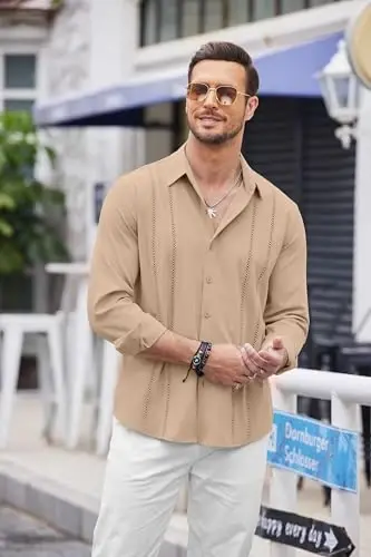 COOFANDY Mens Cuban Guayabera Shirt Casual Button Down Shirts Long Sleeve Summer Beach Shirts - 3