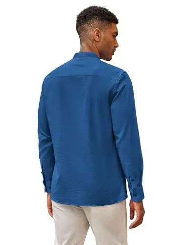 COOFANDY Erkek Küba Guayabera Gömlek Günlük Uzun Kollu Düğmeli Gömlek Yaka Keten Yazlık Plaj Gömleği 