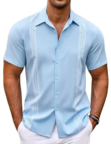 COOFANDY Men's Cuban Guayabera Shirt Short Sleeve Button Down Shirts Casual Summer Beach Shirts - MODAZONE
